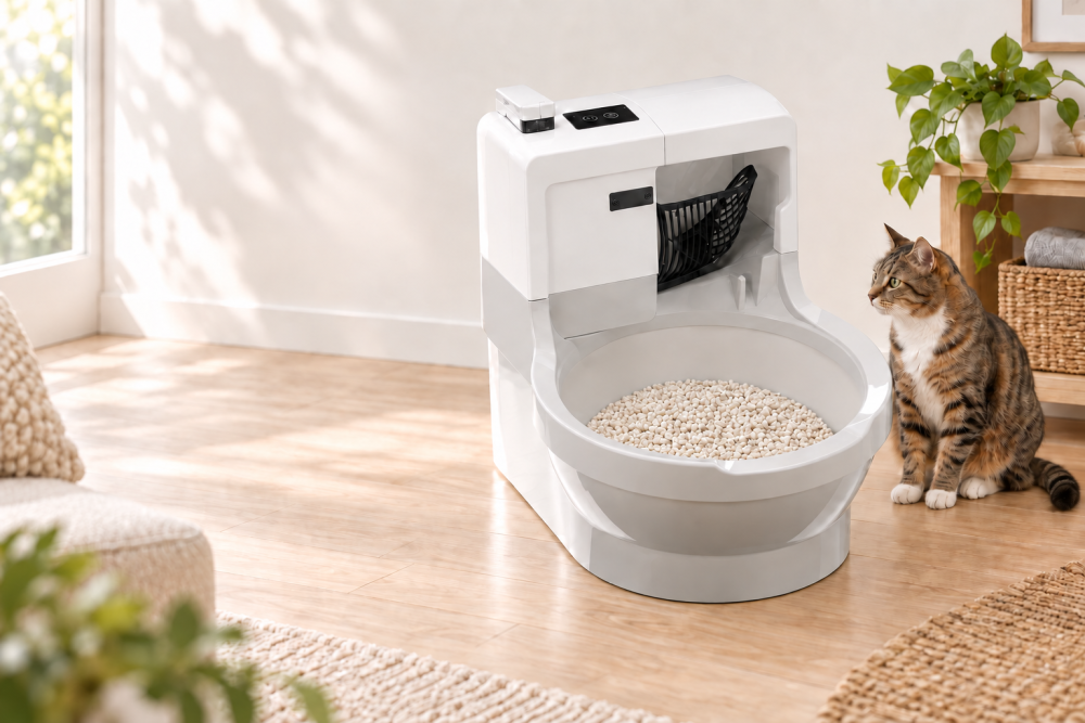 Cat next to a genuine CatGenie A.I. cat box filled with the correct washable granules