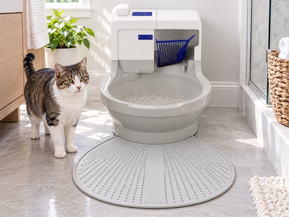 CatGenie rubber mat in front of the cat box