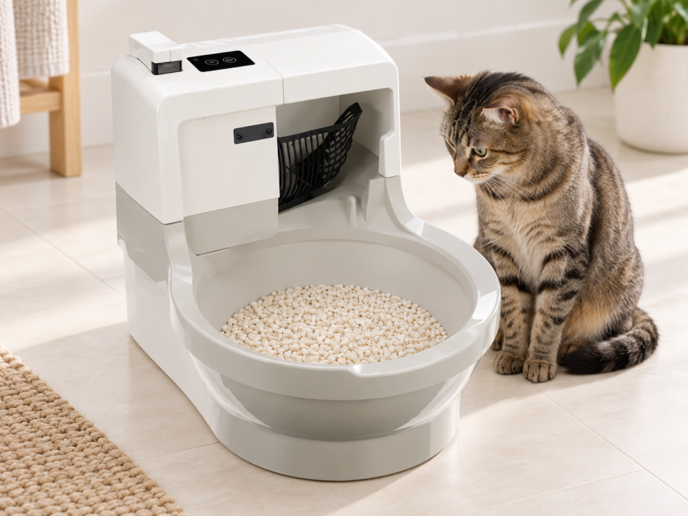 Clear view of an open CatGenie A.I. with the original GenieArm and a cat